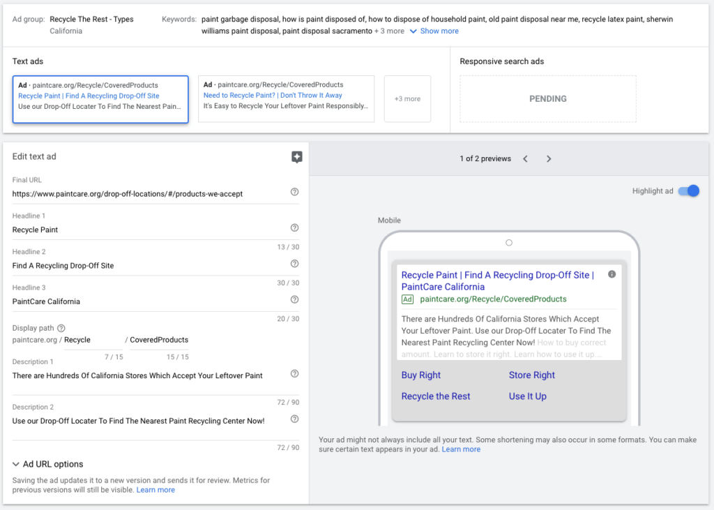 Google Ad Grants Search Ad Setup Screen