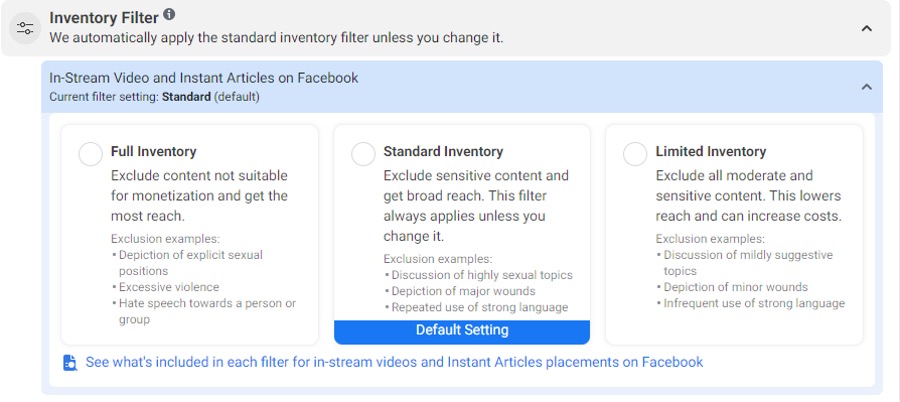Facebook Inventory Filters